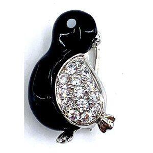 Sterling Silver Black Enamel Pave Crystal Small Penguin Pin Brooch .75" EG 925